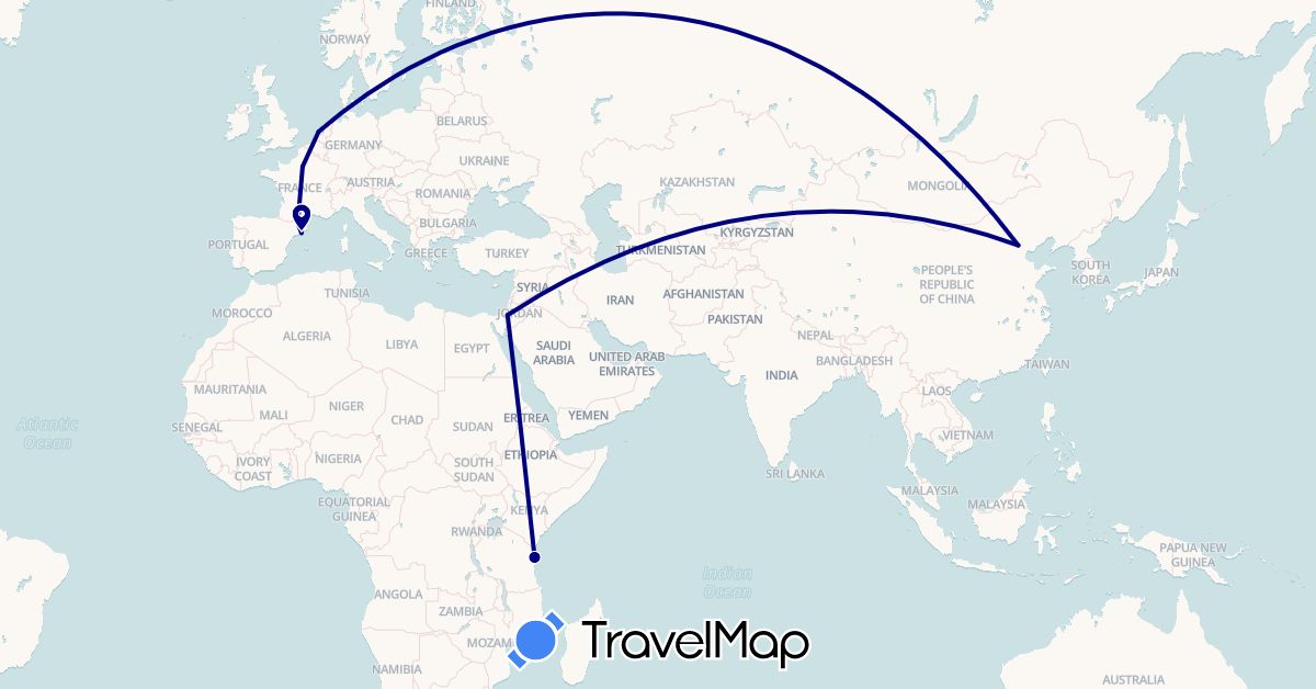TravelMap itinerary: driving in Andorra, China, Spain, France, Israel, Netherlands, Tanzania (Africa, Asia, Europe)